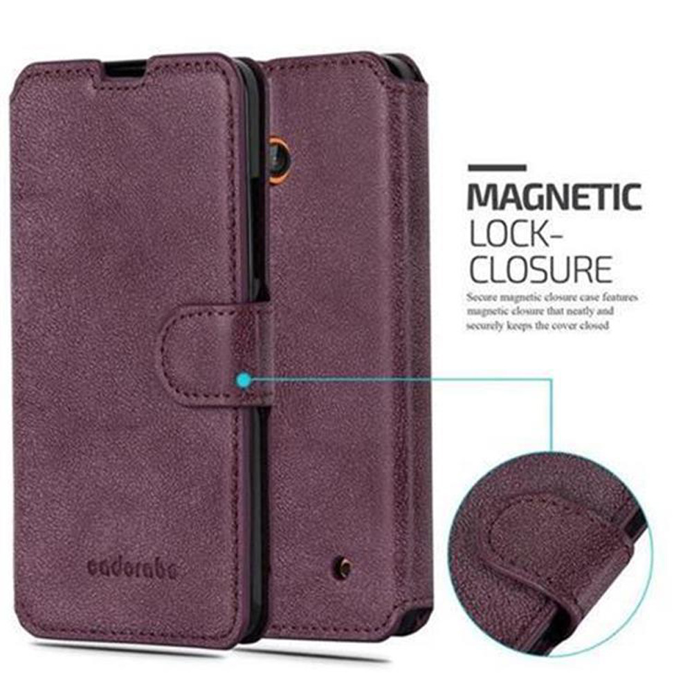 Viene mostrata una custodia per telefono bordeaux con chiusura magnetica. È aperta, mostrando l'interno. Il testo dice 'Magnetic Lock-Closure'.