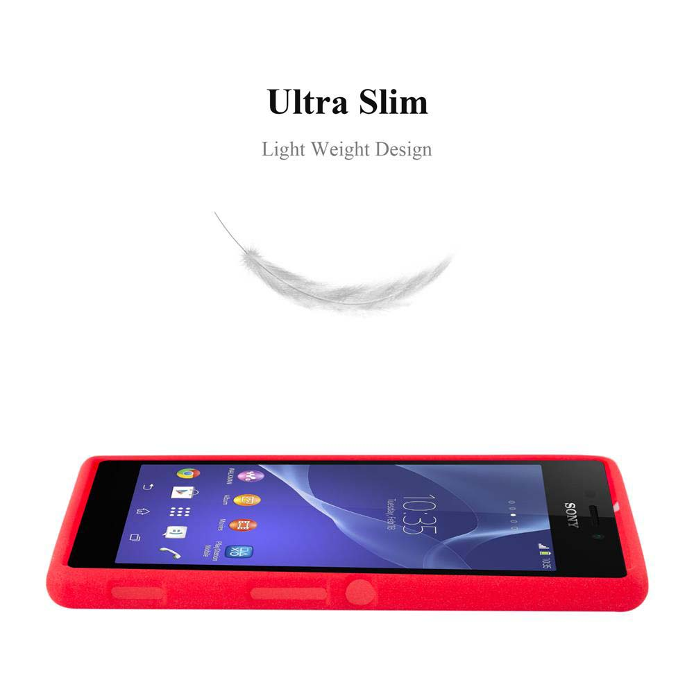 Un telefono rosso con uno schermo che mostra icone e ora. Sopra, il testo dice 'Ultra Slim, Light Weight Design'. Una piuma è sopra il telefono.