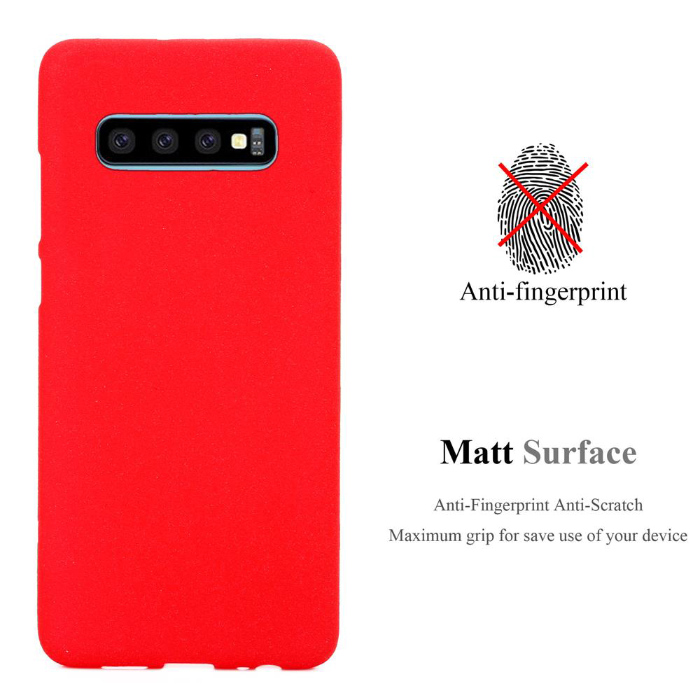 Eine rote Handyhülle links, mit Text und einer Fingerabdruckgrafik rechts, die Anti-Fingerprint und matte Oberfläche anzeigt.