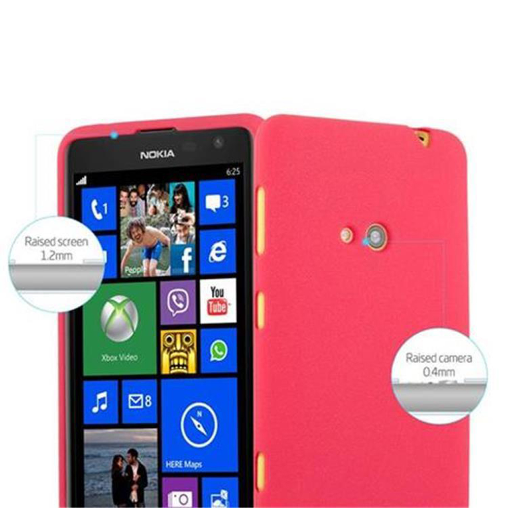 Un teléfono Nokia, pantalla negra con iconos de aplicaciones, cubierta trasera roja, detalles de pantalla y cámara elevados y anotaciones.