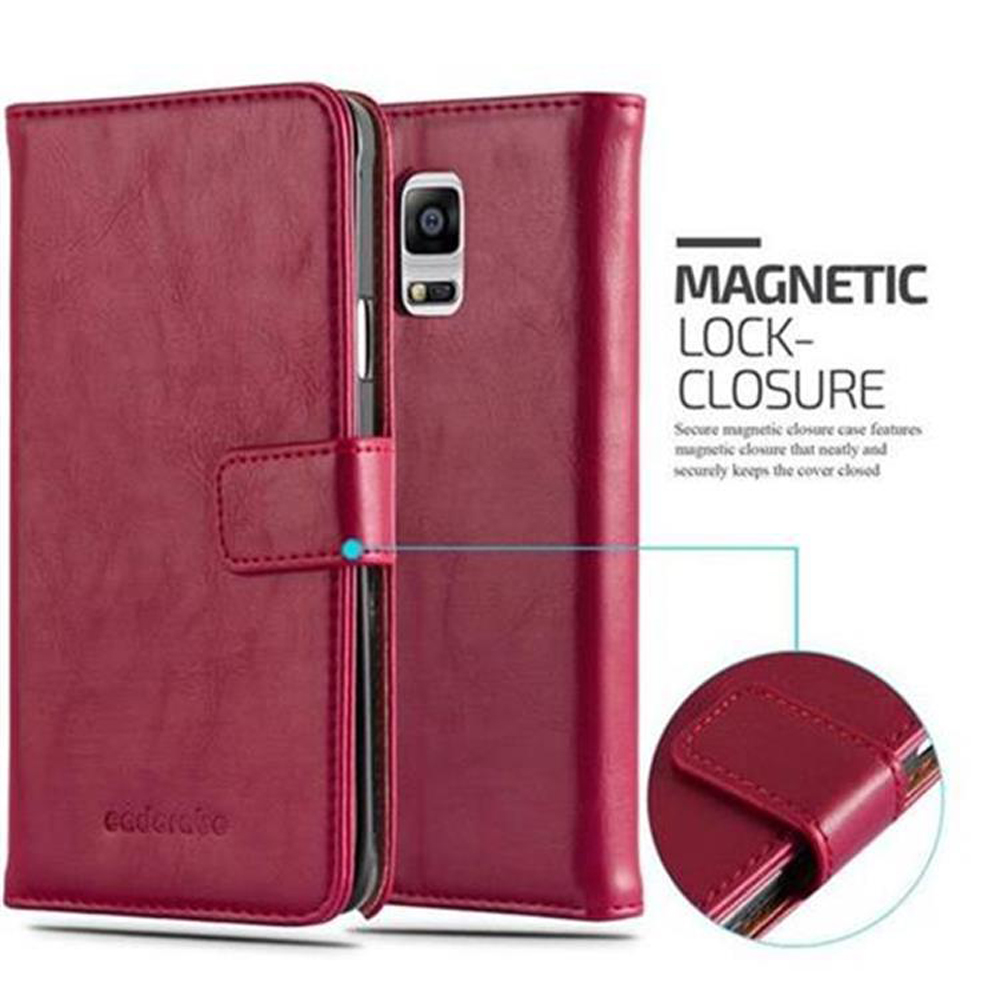 Custodia per telefono in pelle bordeaux con chiusura magnetica. La custodia è aperta, mostrando l'interno e il retro.