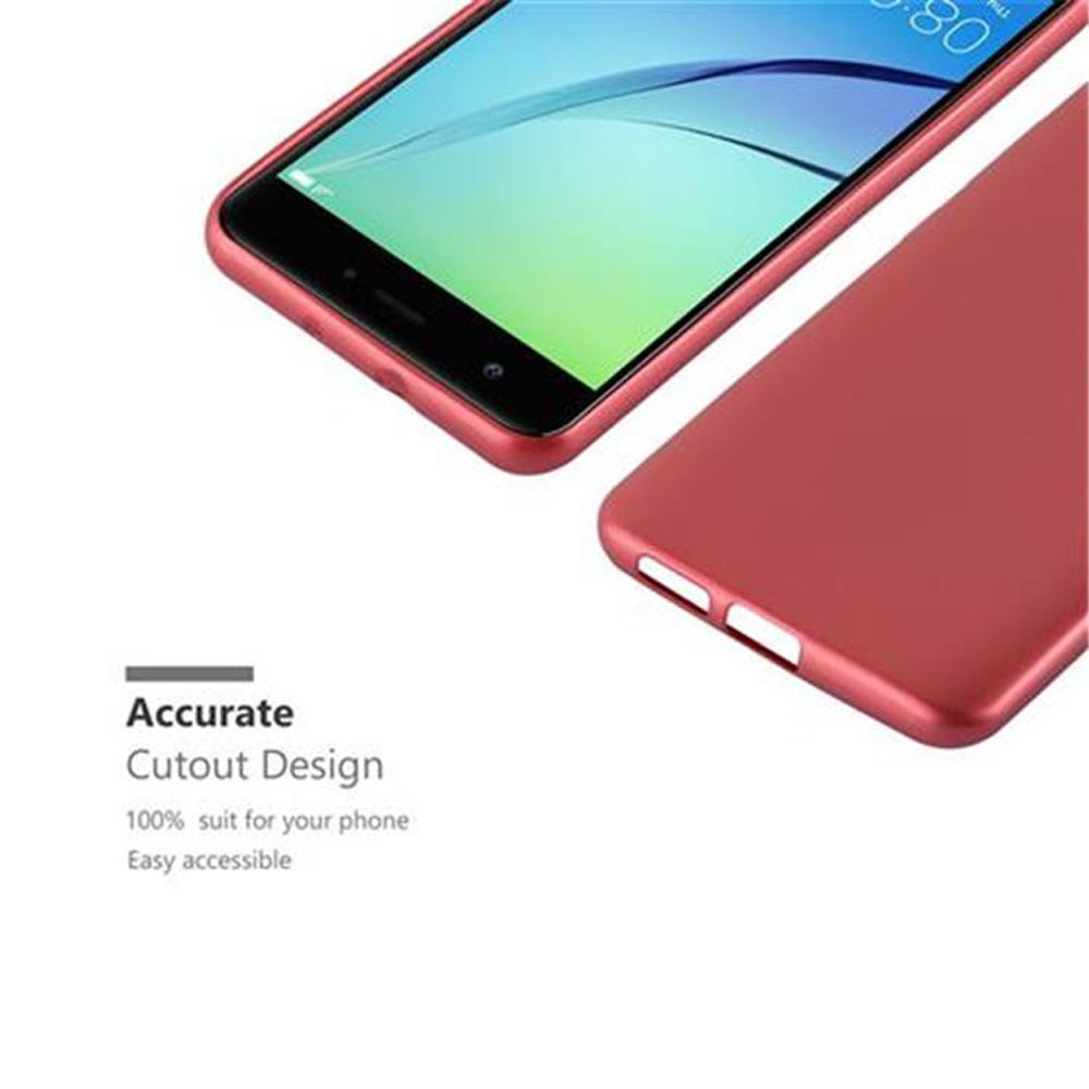 Ein rotes Telefon und eine rote Telefonhülle werden gezeigt. Das Telefon zeigt einen Bildschirm an. Text sagt Accurate Cutout Design.