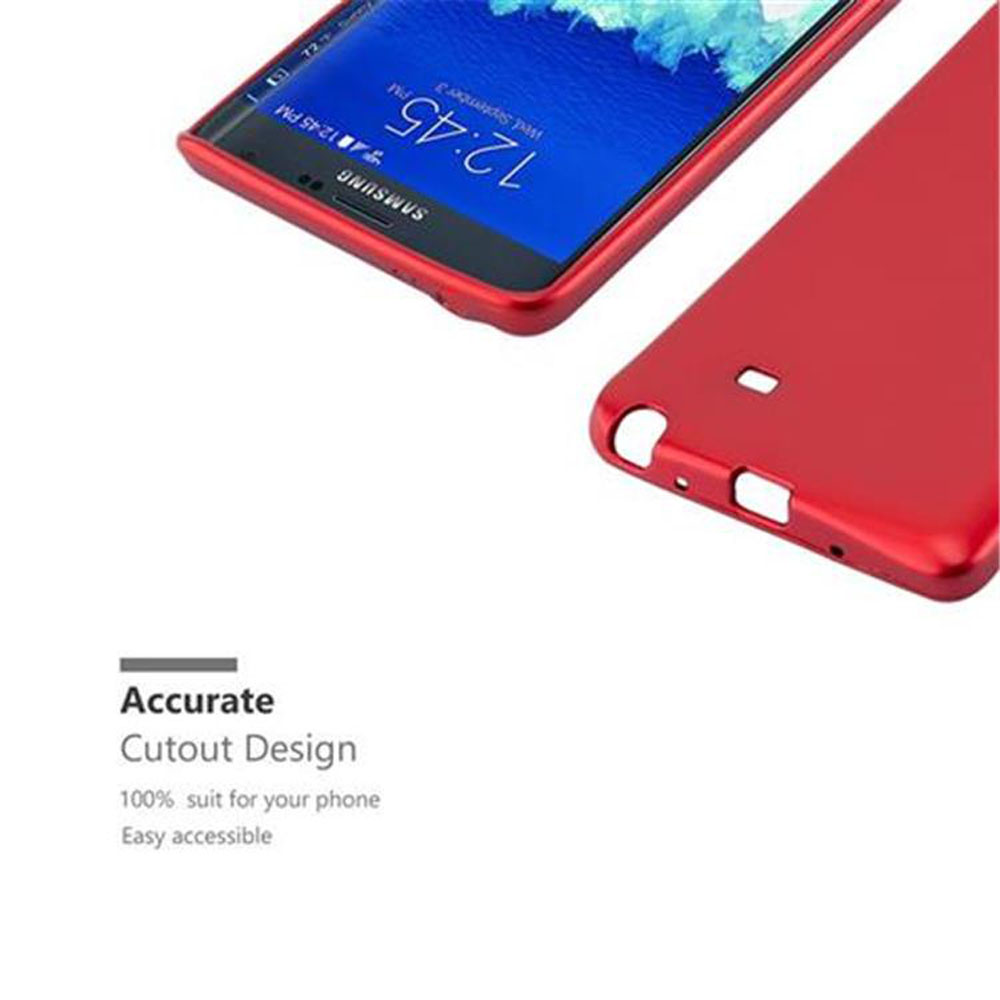Ein rotes Telefon und eine passende Handyhülle werden gezeigt. Auf dem Telefon wird 12:45 PM angezeigt. Text: 'Accurate Cutout Design'.