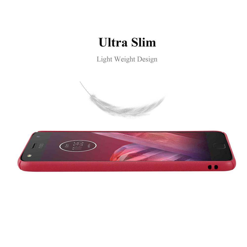 Uno smartphone rosso orizzontale. Sopra, testo 'Ultra Slim, Light Weight Design'. Una piuma fluttua sopra il telefono.