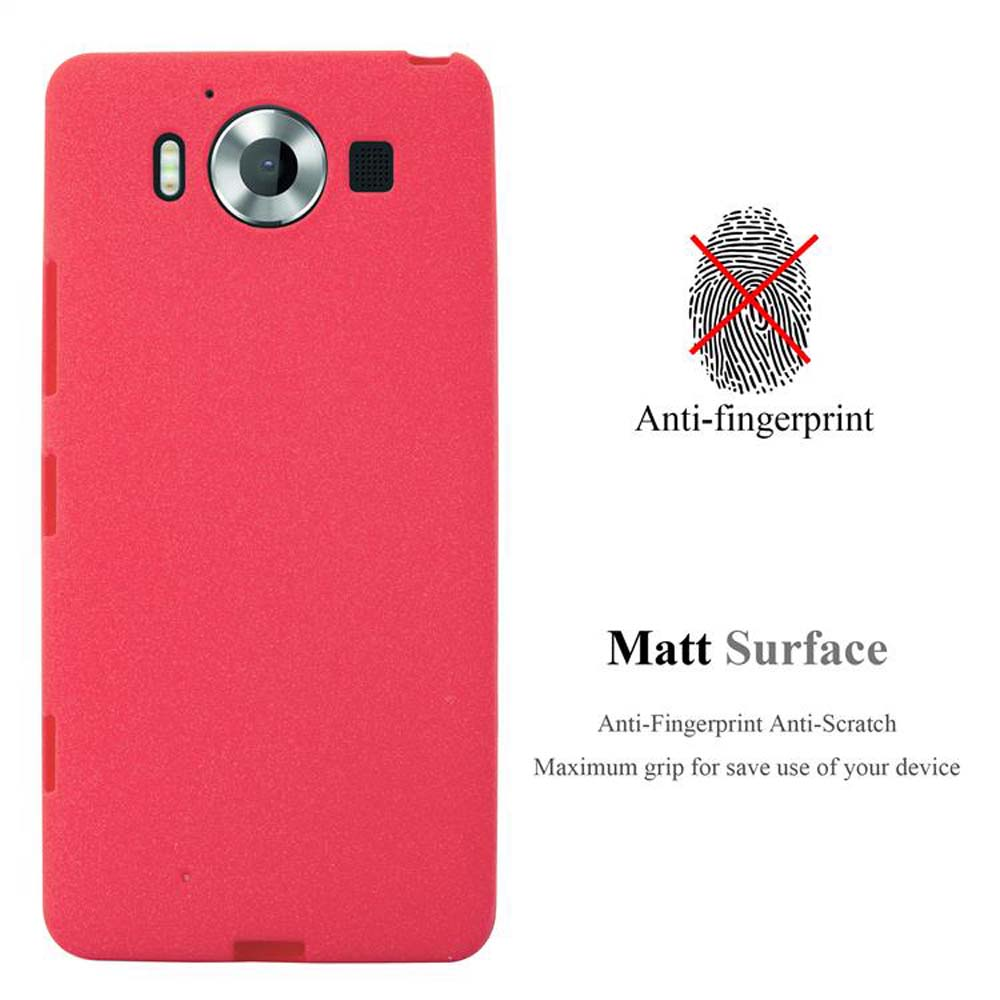 Una custodia rossa per telefono con fotocamera, icona impronta digitale sbarrata e testo "Anti-impronte" e "Superficie opaca".