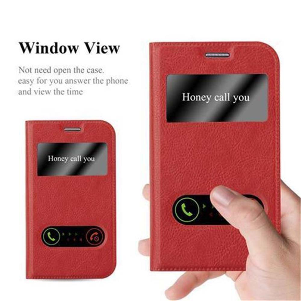 Custodia rossa per telefono con finestra 'Honey call you'. Una mano tiene la custodia. Testo: 'Window View'.