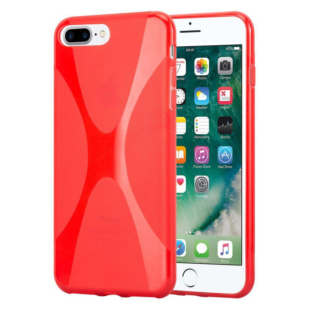Un iPhone en una funda roja. La pantalla muestra aplicaciones. La funda está a la izquierda. El teléfono muestra la hora e iconos.