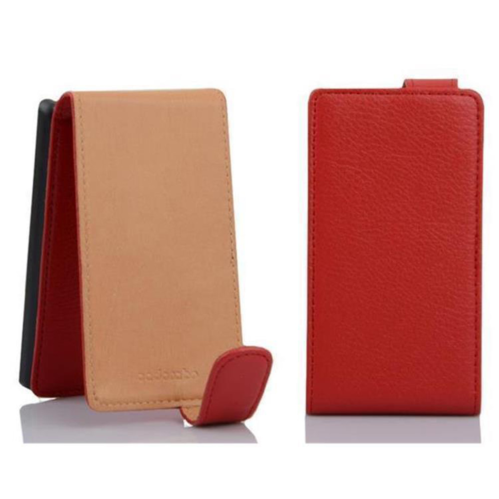 Due custodie per telefoni. Una aperta, con pelle beige e rossa. L'altra, rossa, chiusa. Entrambe su sfondo bianco.
