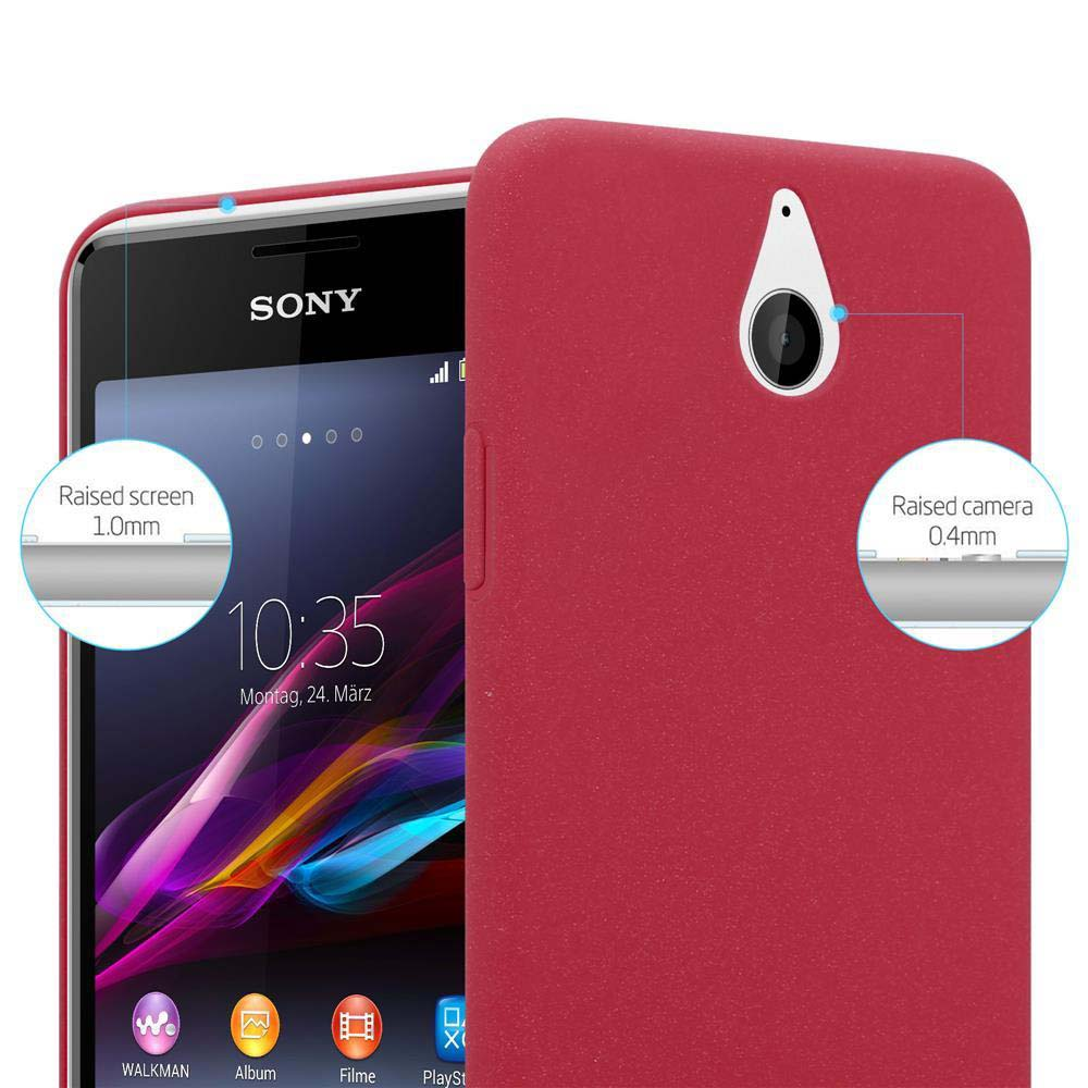 Un téléphone rouge est montré. L'écran affiche l'heure, des icônes et le logo Sony. Une caméra et un écran surélevés sont également mis en évidence.