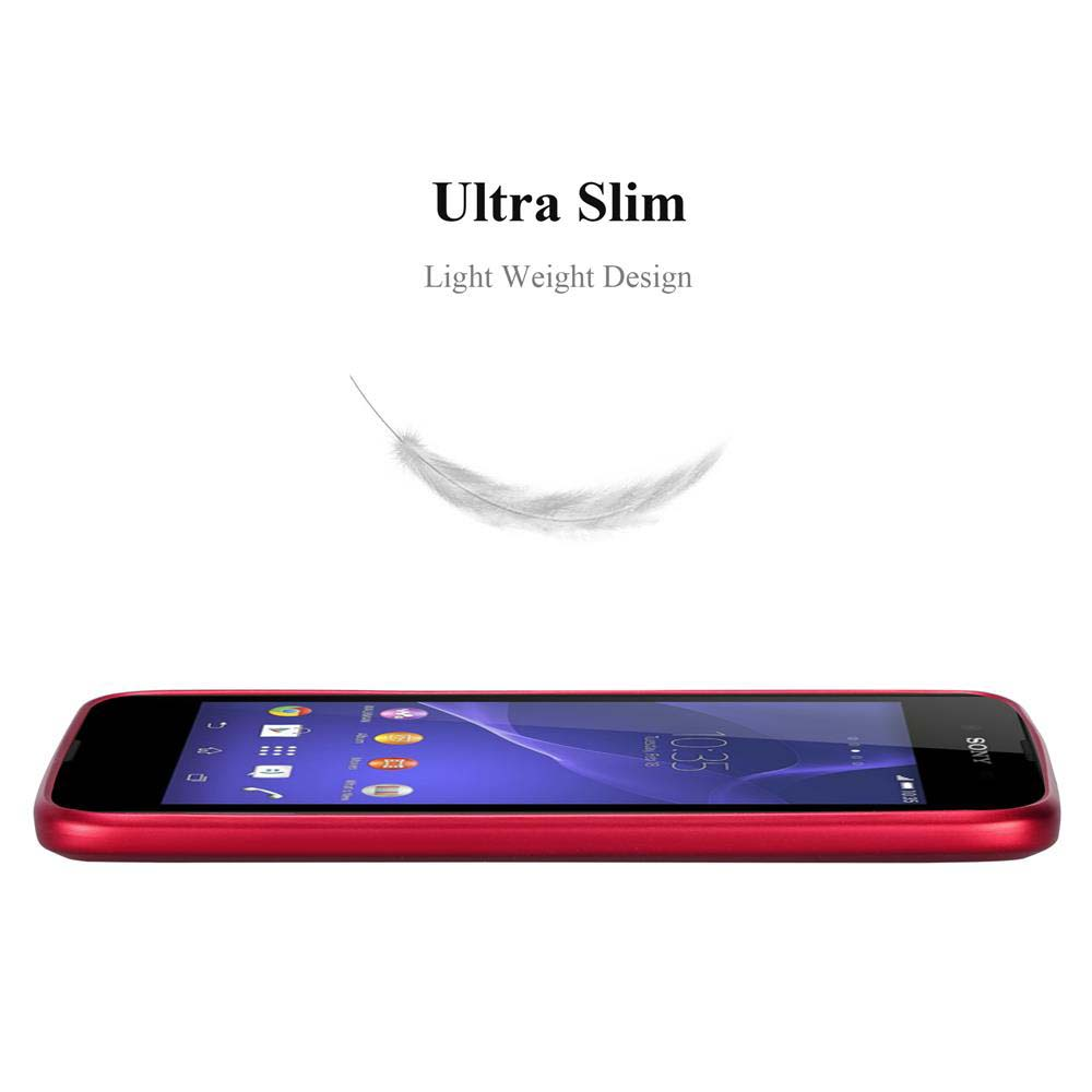 Un teléfono inteligente rojo yace sobre una superficie blanca. Arriba están las palabras 'Ultra Slim' y 'Light Weight Design' con una pluma.