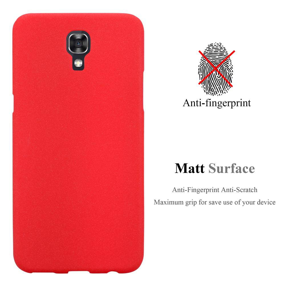Una custodia rossa per telefono con fotocamera, logo anti-impronte e la scritta Matt Surface. Include dettagli antigraffio e presa.