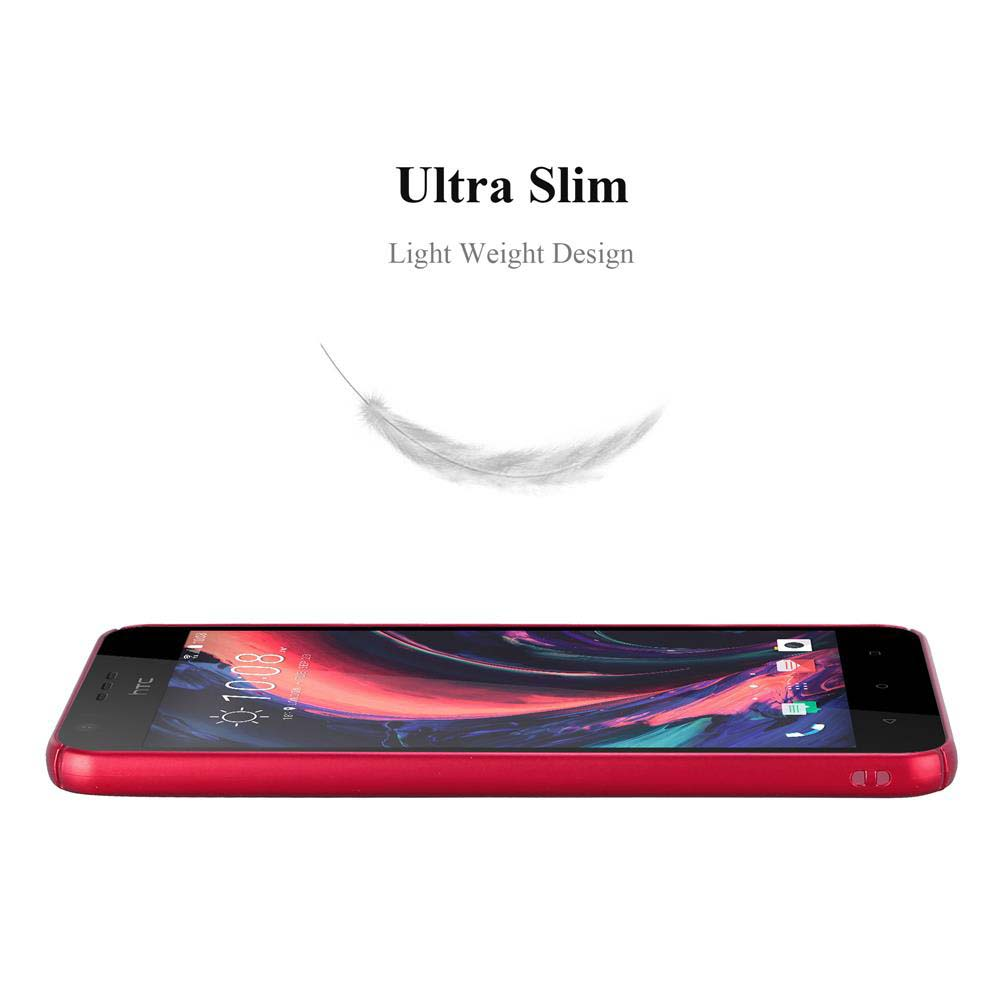 Un teléfono inteligente rojo sobre una superficie blanca. Arriba, las palabras 'Ultra Slim' y 'Light Weight Design', con una pluma.