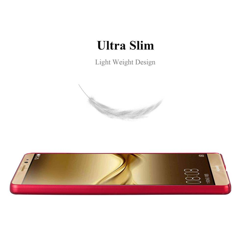 Un smartphone rojo sobre superficie blanca. Encima, texto 'Ultra Slim, Light Weight Design'. Una pluma sobre el teléfono.