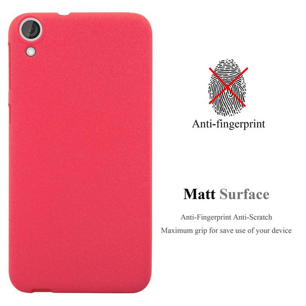 Una custodia per telefono rossa con fotocamera e flash. Il testo dice 'Anti-fingerprint' e 'Matt Surface'.