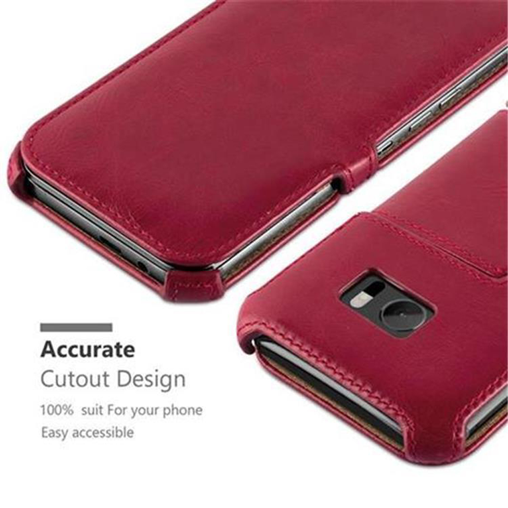Due custodie per telefono in pelle rossa. Una aperta, che mostra il telefono. Testo: Design di ritaglio preciso, 100% adatto al tuo telefono, facile accesso.