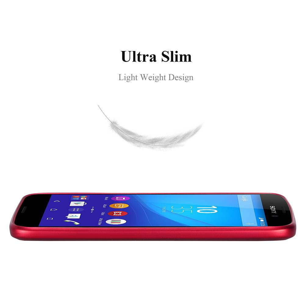 Uno smartphone rosso su una superficie bianca. Sopra, una piuma e il testo: Ultra Slim, Light Weight Design.