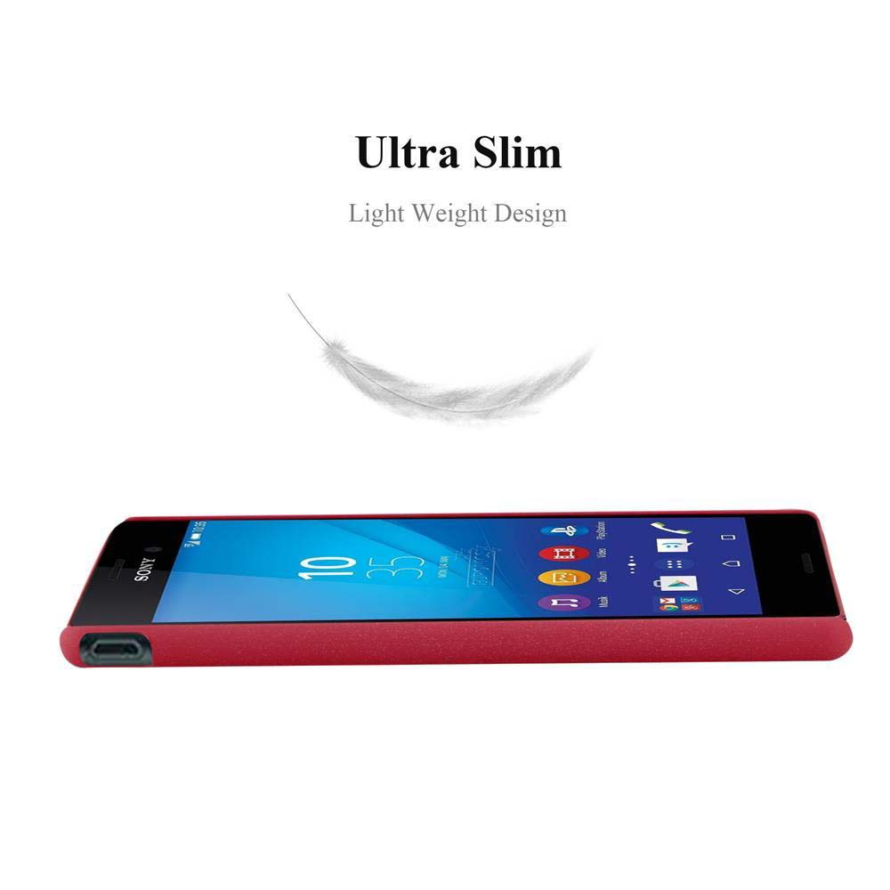 Un smartphone rojo sobre una superficie blanca. La pantalla muestra iconos. Arriba, texto: 'Ultra Slim, Light Weight Design'. Una pluma flota.