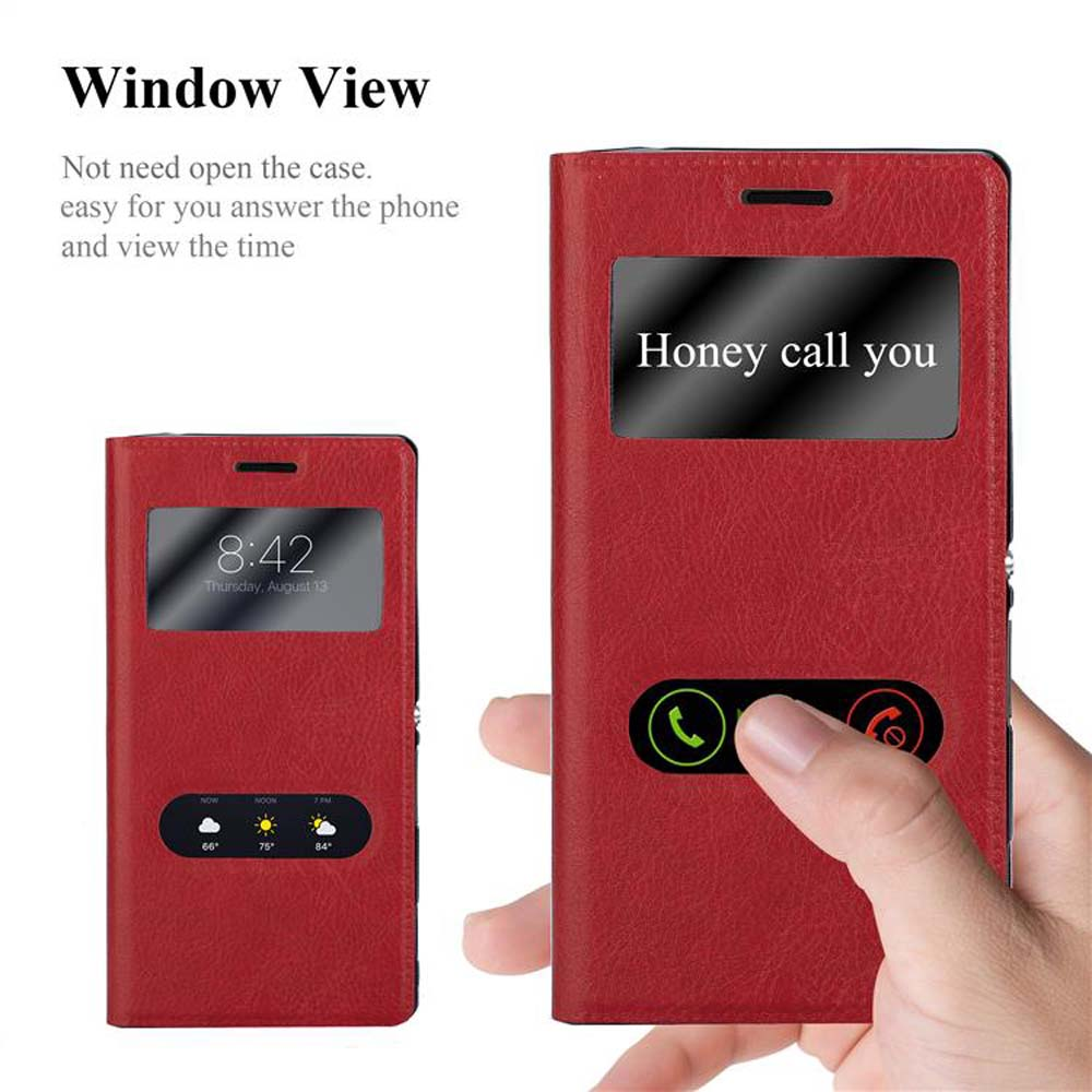 Una funda roja para teléfono con una pantalla que muestra las 8:42 y una notificación de llamada. Una mano sostiene la funda.