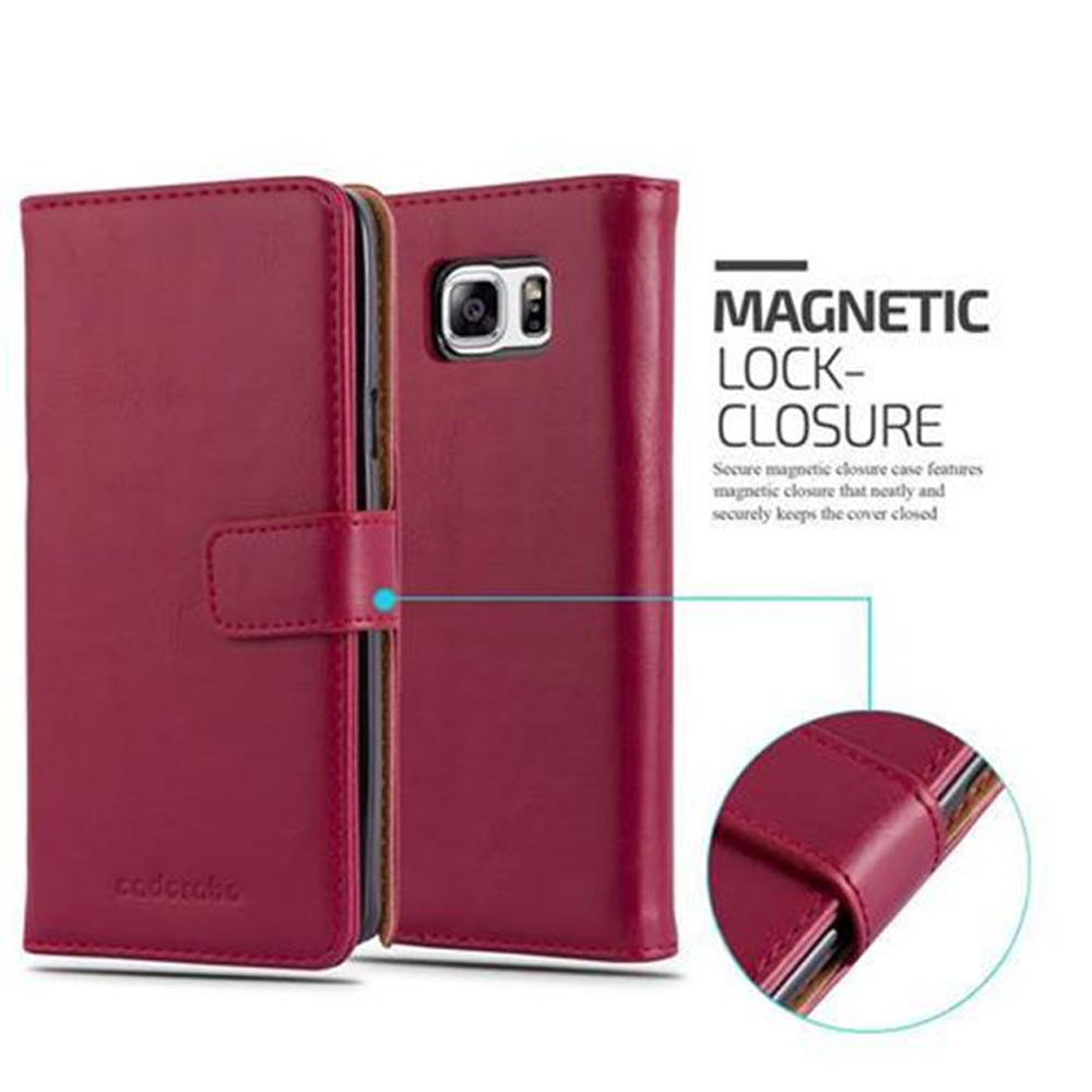 Funda roja de cuero para teléfono con cierre magnético abierta. Primer plano muestra el detalle del cierre. El texto destaca la función.