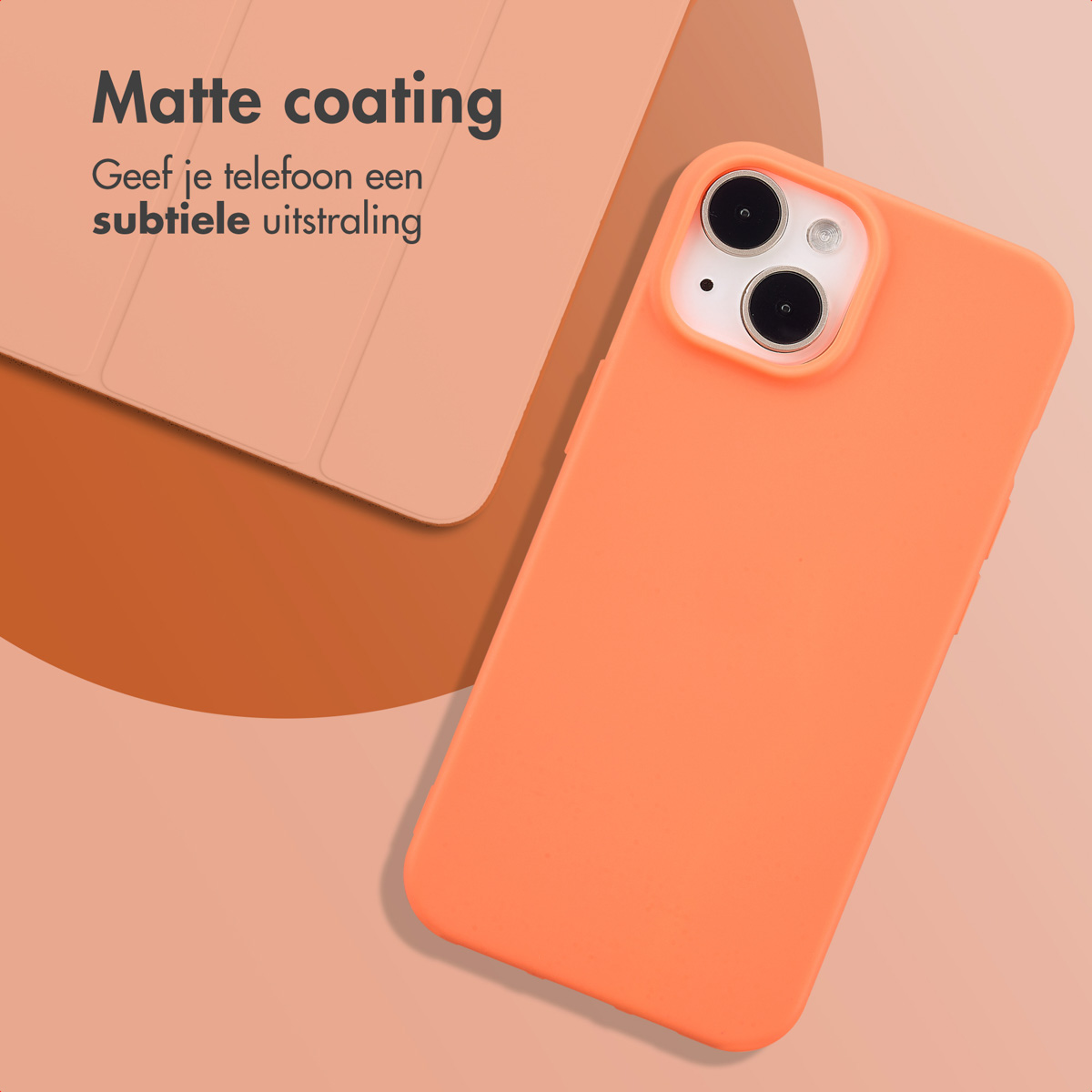 An orange phone case on a pink background. A lighter pink case is also present. The text "Matte coating" is at the top.