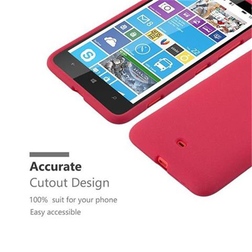Viene mostrato un telefono rosso con una custodia, che mostra le icone delle app. La custodia è di lato. Il testo recita Accurate Cutout Design.