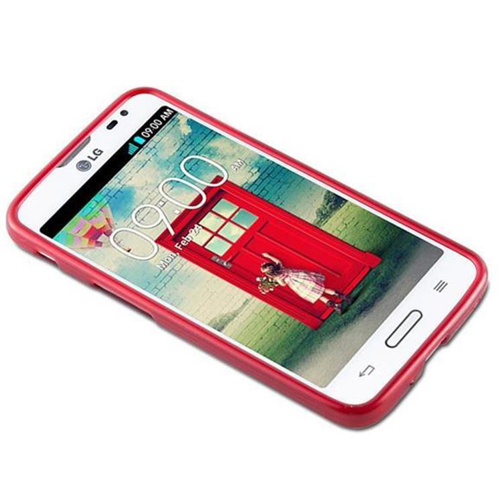 Un telefono LG con cornice rossa mostra un'immagine di una porta rossa con una ragazza e un orologio. Lo schermo mostra 09:00, 24 feb.