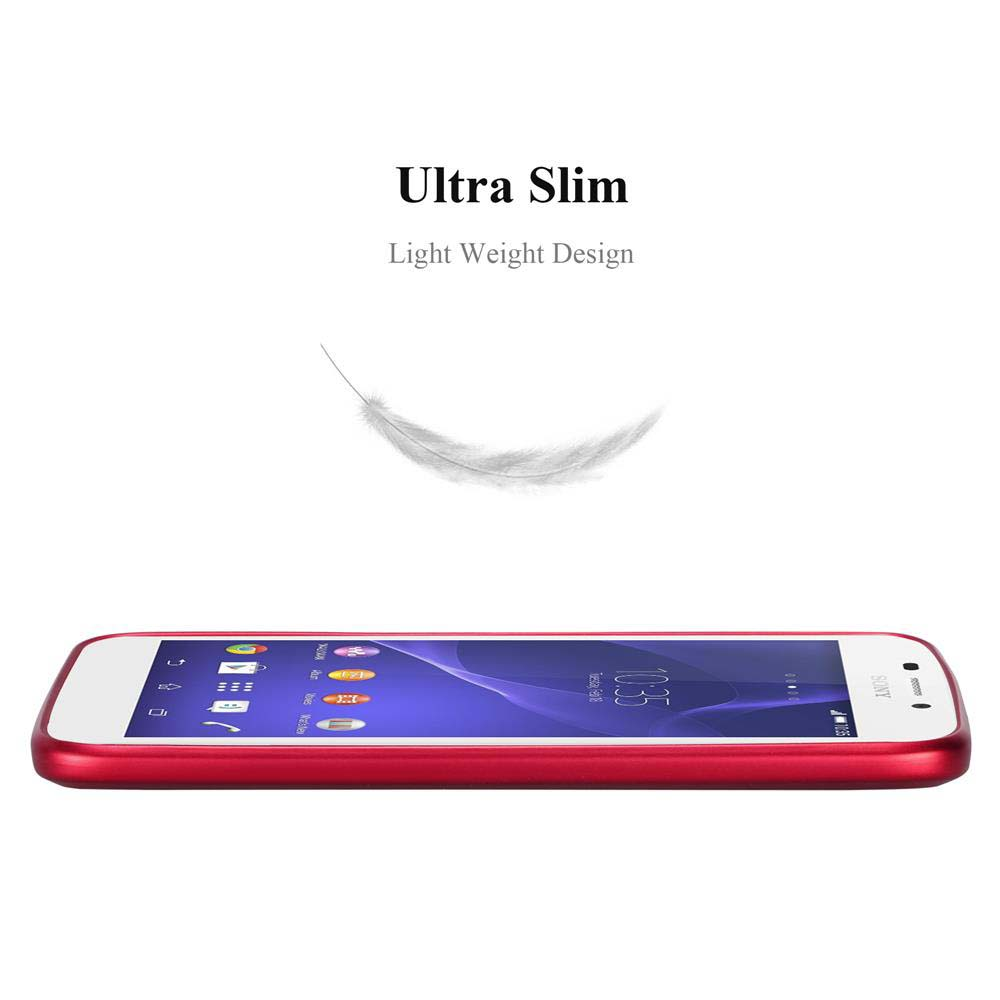 Ein rotes Smartphone liegt auf einer weißen Oberfläche. Darüber steht 'Ultra Slim, Light Weight Design' und eine Feder.