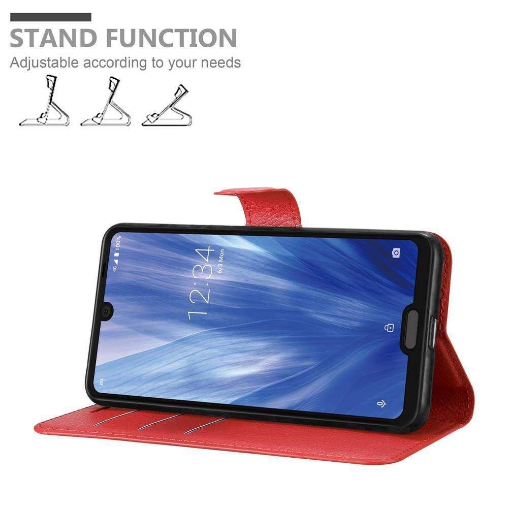 Custodia rossa per telefono con telefono che mostra le 12:34. Il testo sopra dice 'Funzione supporto'. Sono presenti tre illustrazioni del supporto.