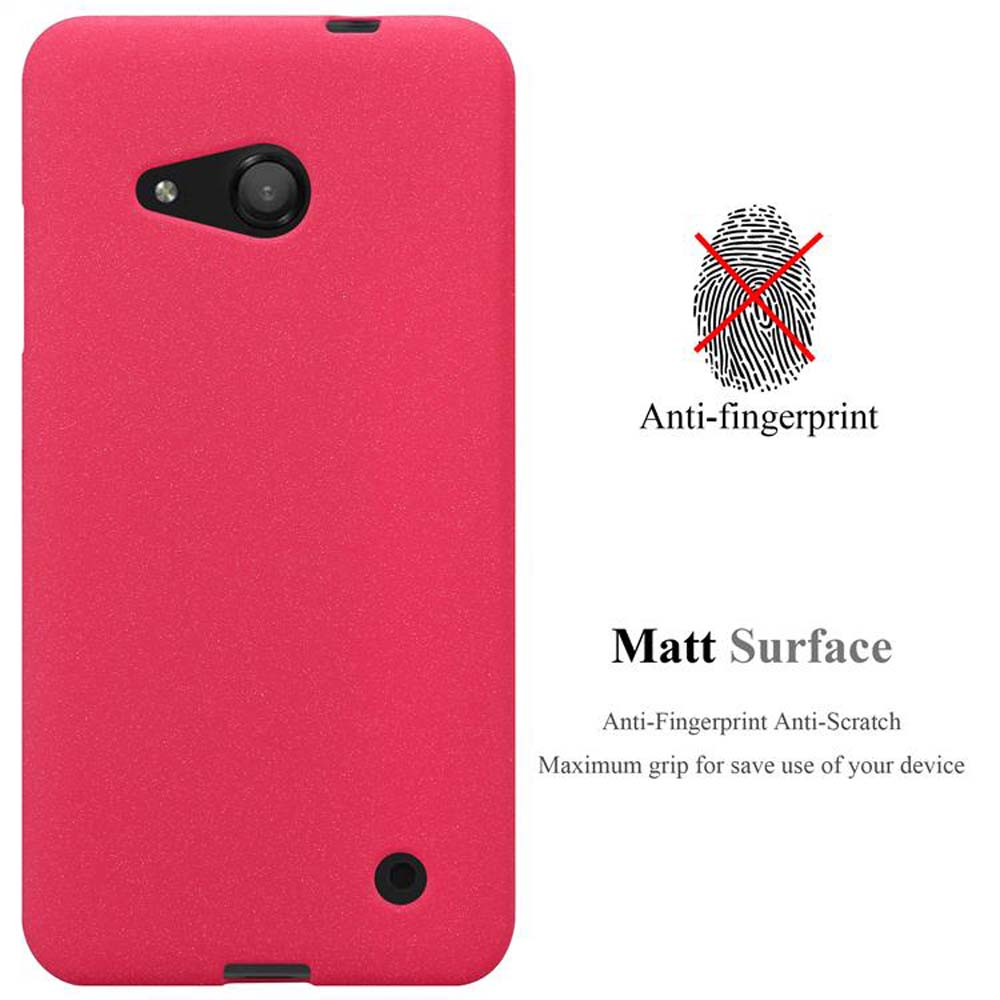 Una funda roja para teléfono con cámara, un símbolo de huella dactilar con texto 'Anti-fingerprint' y 'Matt Surface'.