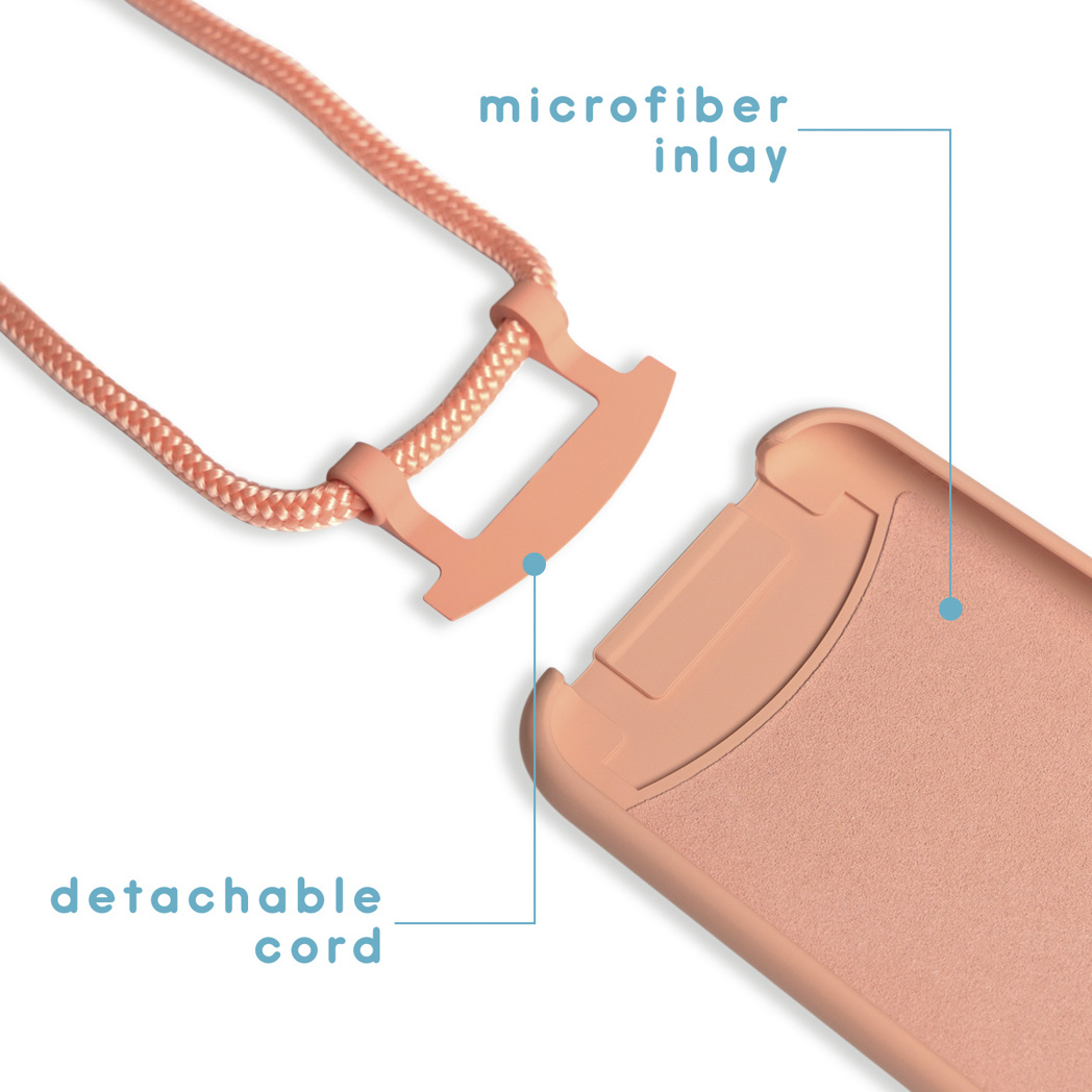 Een perzikkleurige telefoonhoes met een afneembaar koord. Het koord is met een microvezel inleg aan de hoes bevestigd.