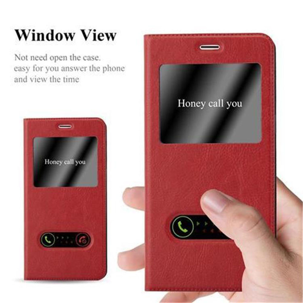 Custodia rossa per telefono con finestra che mostra 'Honey call you'. Una mano tiene la custodia con un'icona di chiamata.