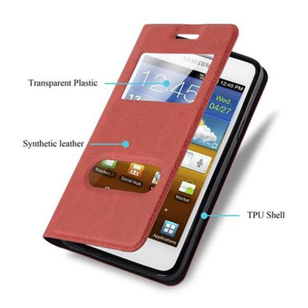 Una funda de teléfono de cuero sintético rojo con una ventana de plástico transparente. La pantalla del teléfono muestra la hora e iconos de aplicaciones.
