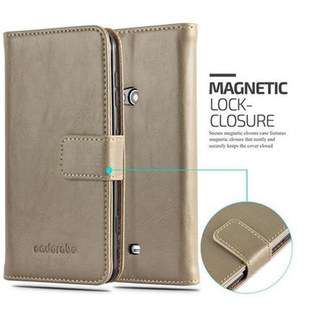 Una funda de teléfono beige con cierre magnético está abierta. Texto: 'CIERRE MAGNÉTICO'.