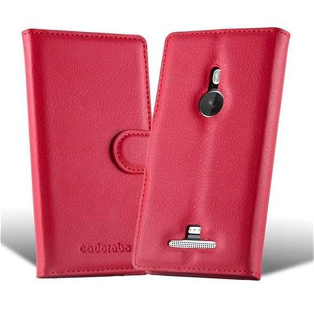Custodia per telefono in pelle rossa aperta. Un lato ha un telefono, l'altro uno slot per schede. 'eadorabo' è stampato all'interno.