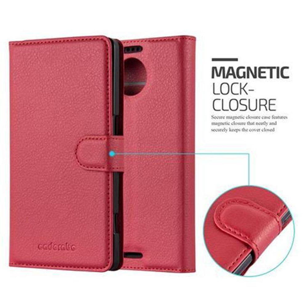 Una custodia per telefono rossa con chiusura magnetica. La custodia è aperta, mostrando l'interno. Il testo dice 'Magnetic Lock-Closure'.