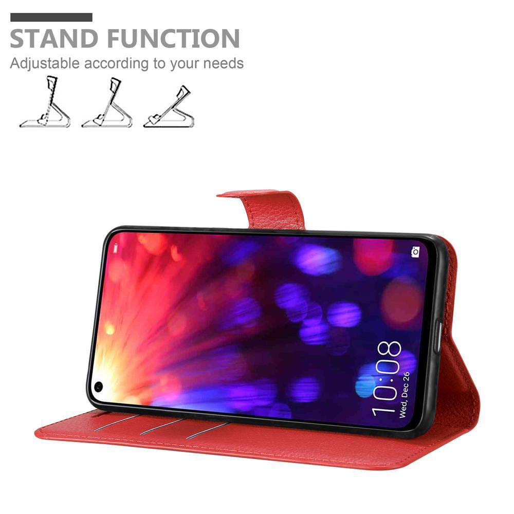 Eine rote Handyhülle mit einem Handy, das einen bunten Bildschirm anzeigt. Die Hülle ist offen und zeigt das stehende Handy.