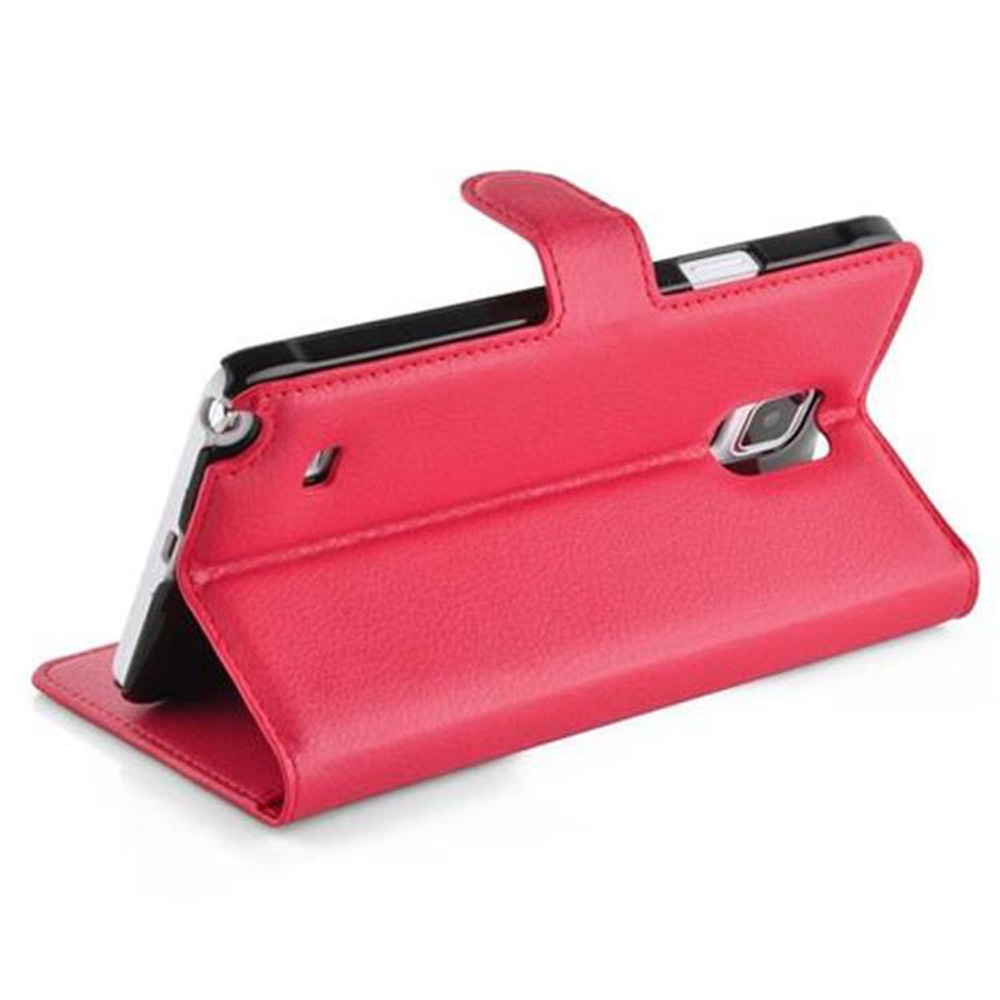 Eine offene, rote Leder-Handyhülle mit einem schwarzen Telefon. Die Hülle hat einen Laschenverschluss und liegt auf einer weißen Oberfläche.