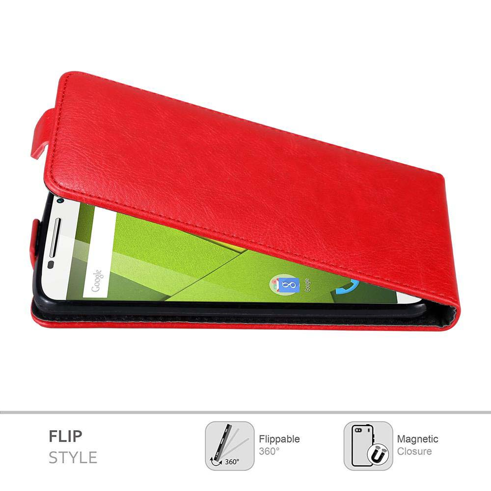Funda para teléfono roja tipo flip con teléfono dentro. Muestran iconos de rotación 360 grados y cierre magnético.