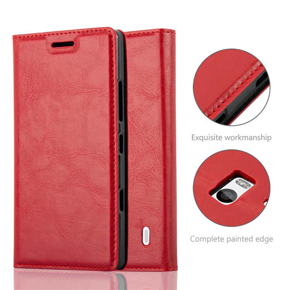 Se muestra una funda roja para teléfono, abierta y cerrada. Detalles muestran una mano de obra exquisita y un borde pintado completo.