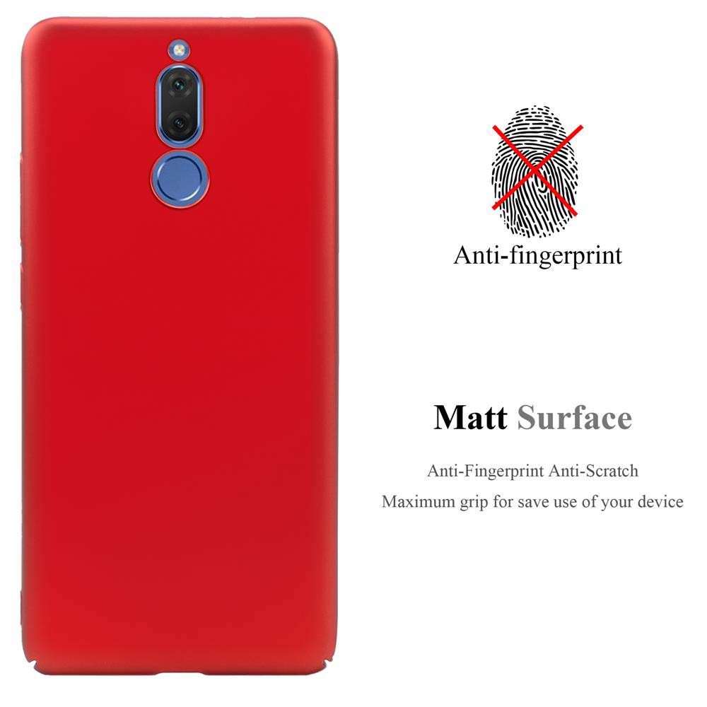 Custodia per telefono rossa con dettagli della fotocamera. Il testo dice 'Anti-impronta' e 'Superficie opaca'. Sfondo bianco con icona dell'impronta digitale.