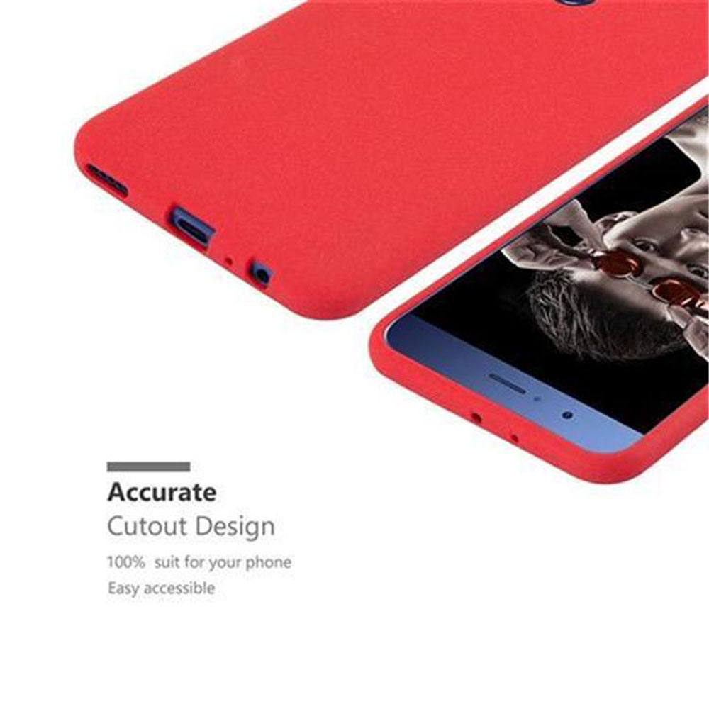 Una custodia rossa per telefono copre parzialmente lo schermo di un telefono che mostra un'immagine. Il testo recita 'Accurate Cutout Design'.