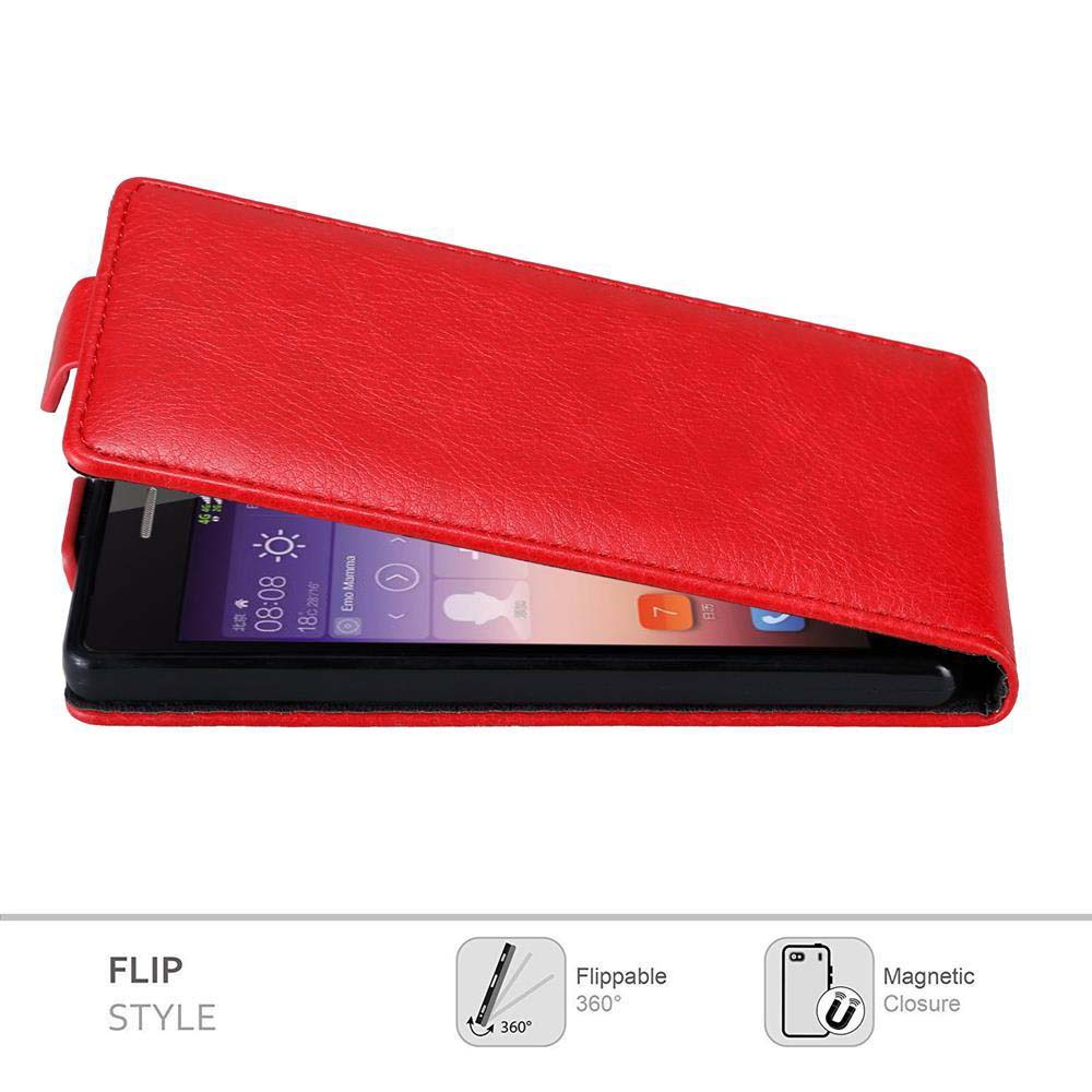 Eine rote Flip-Style-Handyhülle mit einem Telefon darin. Das Telefon zeigt die Uhrzeit an. Symbole für 360° drehbar und Magnetverschluss.