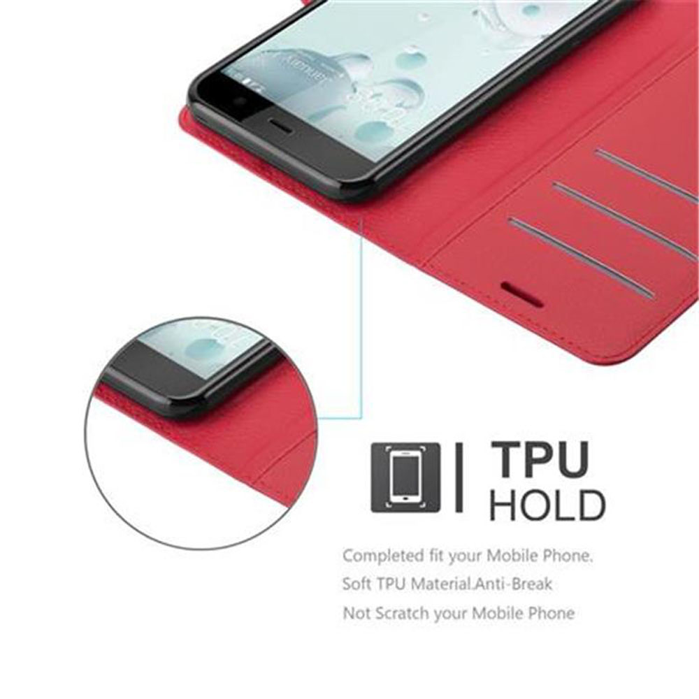Smartphone nero in custodia rossa. La custodia ha fessure e logo TPU HOLD. Il testo menziona vestibilità, materiale e caratteristiche anti-rottura.