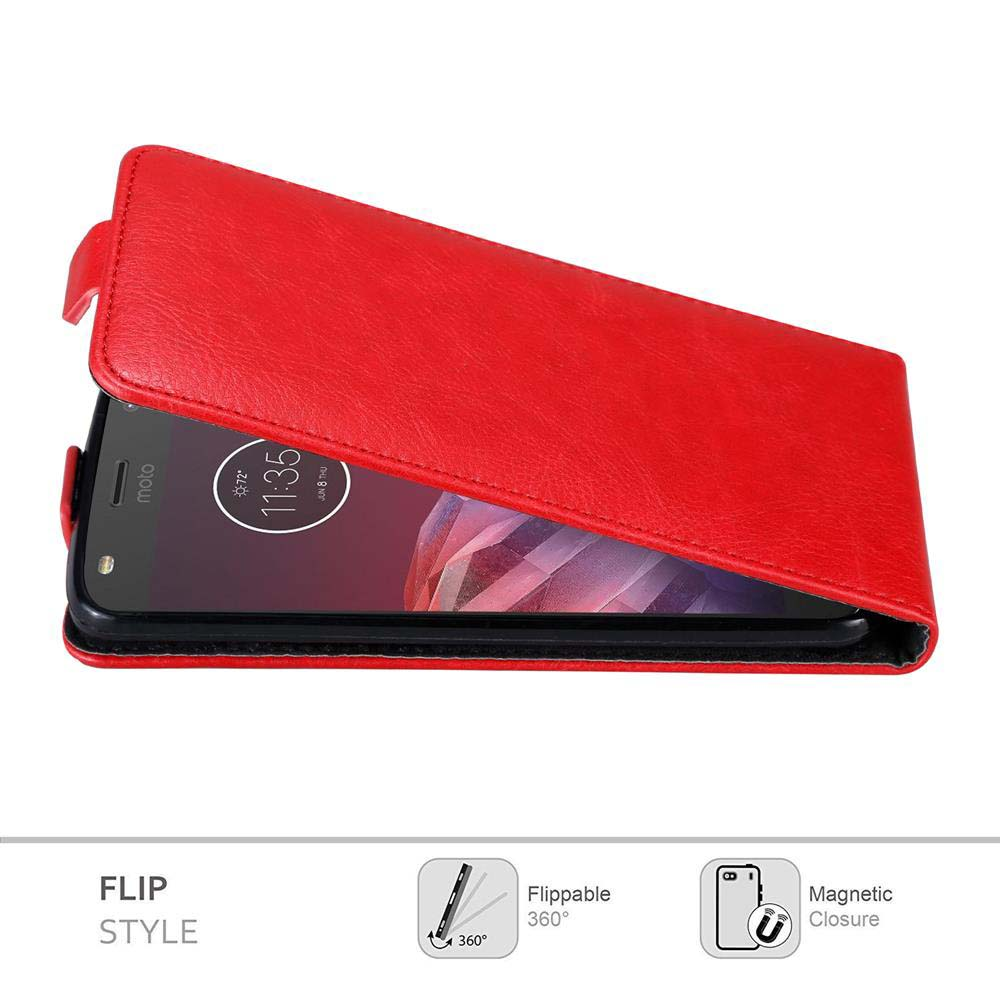 Una funda roja protege un smartphone. El teléfono muestra la hora. Se muestran iconos para plegable y cierre magnético.