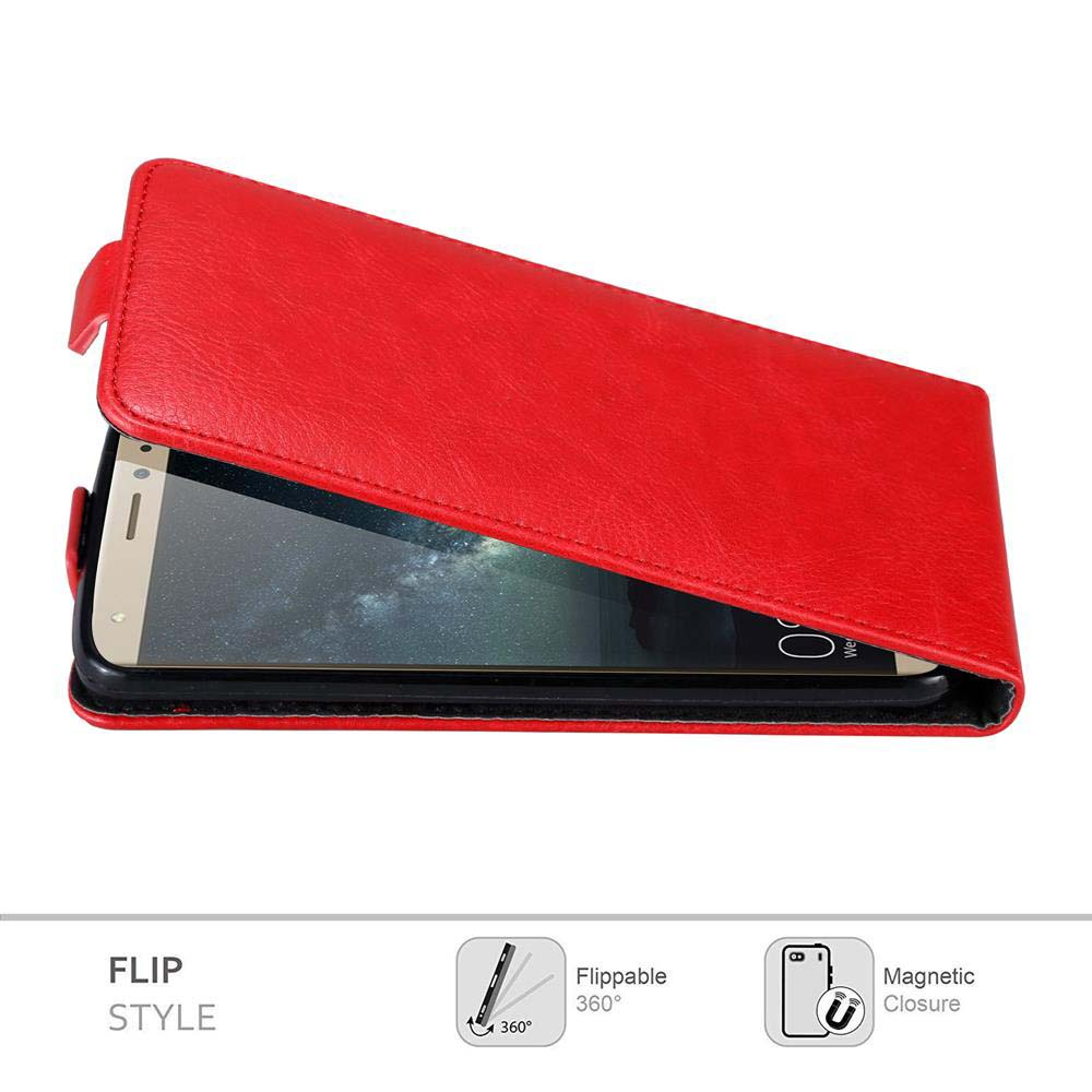Custodia per telefono rossa a libro aperta, che mostra uno smartphone. Testo: 'Flip Style', 'Flippable 360°' e 'Magnetic Closure'.