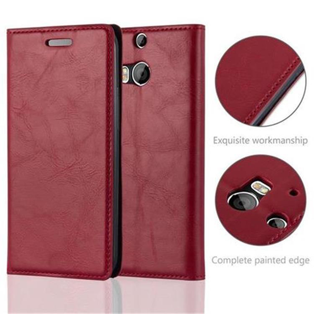 Funda de teléfono de cuero rojo abierta. Dos imágenes circulares de primer plano, una con costuras, otra con cámara y flash.