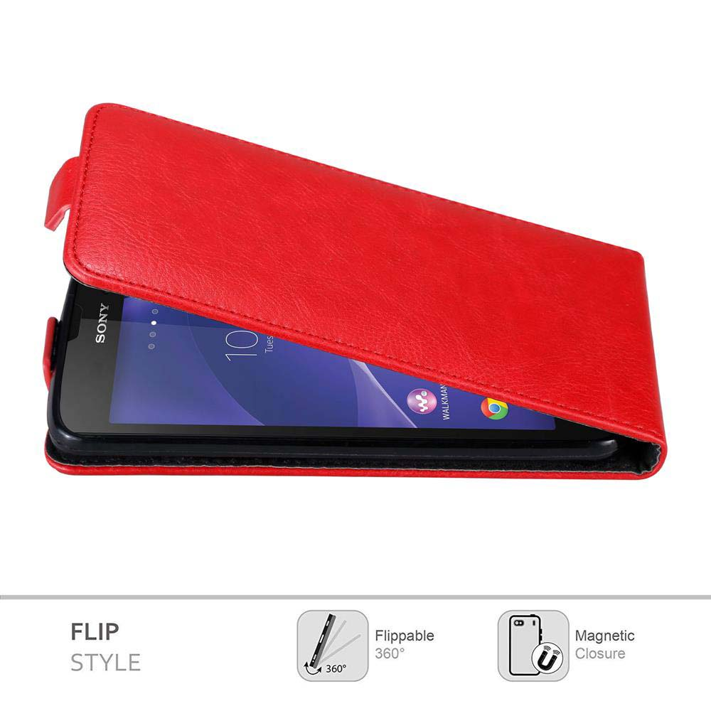 Una funda roja protege un teléfono Sony. La pantalla muestra aplicaciones. La funda tiene cierre magnético y gira 360 grados.