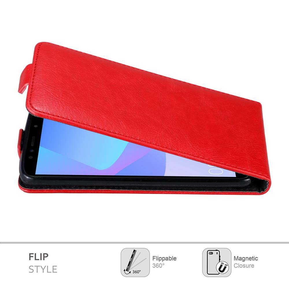 Una custodia a libro rossa è parzialmente aperta, rivelando lo schermo del telefono. Il testo recita Flip Style e dettagli sulla custodia.
