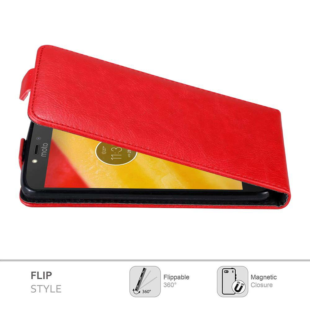 Una custodia per telefono rossa a flip è aperta, rivelando lo schermo del telefono che mostra l'ora. Vengono mostrate icone per funzioni come 360° e chiusura magnetica.