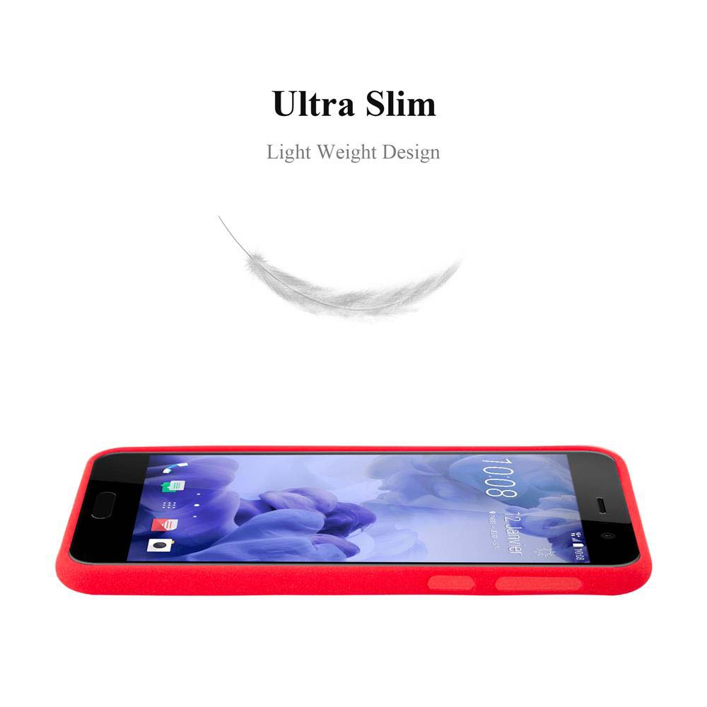 Uno smartphone con cornice rossa su sfondo bianco. Sopra: 'Ultra Slim' e 'Light Weight Design'. Una piuma fluttua sopra il telefono.